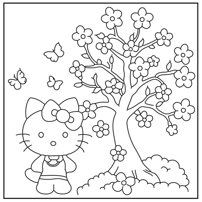 Hello Kitty stands beside a blooming tree, surrounded by flowers and butterflies, in a playful black-and-white illustration. Hello Kitty Coloring Pages.