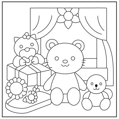 A cute bear and a cat holding hearts sit beside gift boxes and flowers, framed by curtains in a cheerful playroom setting. Hello Kitty Coloring Pages.