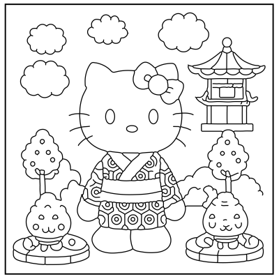 A line art illustration of Hello Kitty in a kimono, surrounded by trees, a pagoda, and clouds, ready for coloring. Hello Kitty Coloring Pages.
