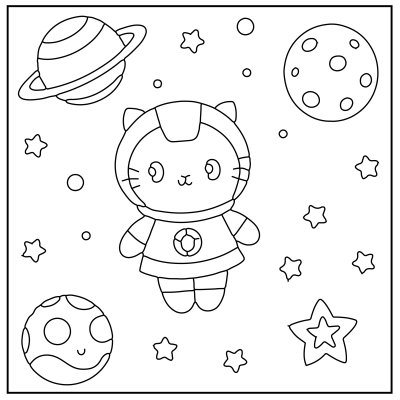 A cute cat in a spacesuit floats in space surrounded by stars, planets, and moons in a whimsical, line-art style. Hello Kitty Coloring Pages.