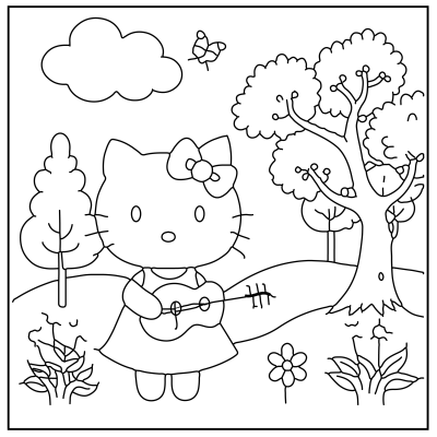A cute cartoon cat character with a bow, playing a ukulele in a whimsical outdoor scene with trees, flowers, and a butterfly. Hello Kitty Coloring Pages.
