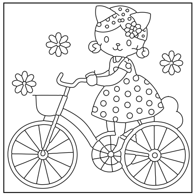 A cute cat-girl in a polka dot dress rides a bicycle surrounded by flowers, designed for coloring. Hello Kitty Coloring Pages.