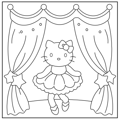 A cute cartoon cat in a tutu stands on stage between elegant curtains, ready to perform a ballet dance. Hello Kitty Coloring Pages.