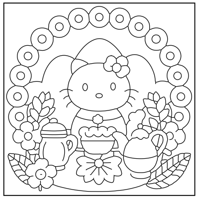 Line art illustration of a cute cat figure, surrounded by flowers, teapots, and decorative elements in a playful arrangement. Hello Kitty Coloring Pages.