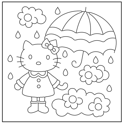 A cartoon cat in a dress with a bow stands under a striped umbrella, surrounded by raindrops and fluffy clouds. Coloring page outline. Hello Kitty Coloring Pages.