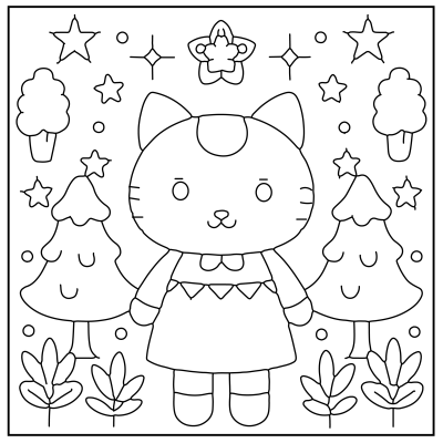 A cute cartoon cat in a dress stands among trees, stars, and whimsical elements, outlined for coloring. Hello Kitty Coloring Pages.
