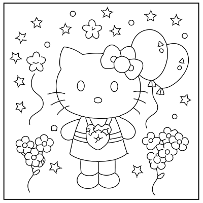 Line art of Hello Kitty holding a heart pendant, surrounded by balloons, flowers, and stars. Perfect for coloring. Hello Kitty Coloring Pages.