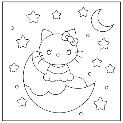 A cute cartoon cat with a bow sitting on a crescent moon, surrounded by stars and a crescent in a whimsical night sky scene. Hello Kitty Coloring Pages.