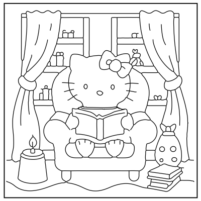 Hello Kitty sits in a cozy armchair reading a book, surrounded by bookshelves, a candle, and decorative items in a warm room. Hello Kitty Coloring Pages.