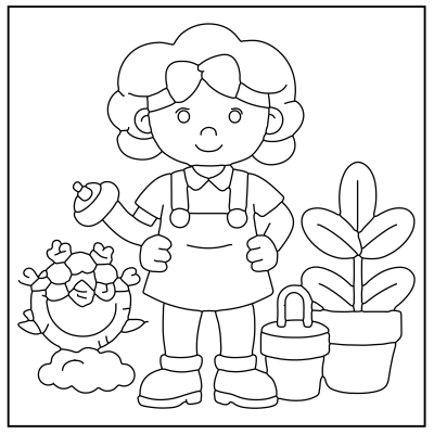 A cheerful child with curly hair stands proudly holding a watering can, surrounded by potted plants and a flower arrangement. Hello Kitty Coloring Pages.