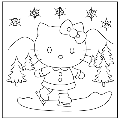 Hello Kitty ice skating in winter, surrounded by snowflakes and pine trees, with mountains in the background. A cute holiday scene. Hello Kitty Coloring Pages.