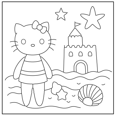 A cartoon cat with a bow, wearing a striped dress, stands by the beach near a sandcastle, seashells, and stars in the sky. Hello Kitty Coloring Pages.