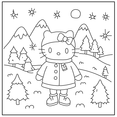A cute cartoon cat in a winter outfit stands in a snowy landscape with mountains, trees, and a sunny sky. Coloring page outline. Hello Kitty Coloring Pages.