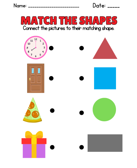 Kindergarten Math Worksheet 03 A worksheet titled "Match the Shapes" featuring images of a clock, door, pizza, and gift, with various shapes to connect them to. kindergarten math worksheets