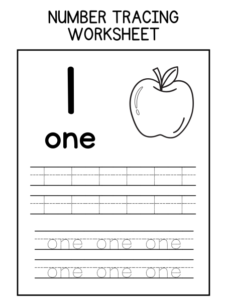 A number tracing worksheet featuring the number "1," the word "one," and an apple illustration, with lines for tracing and writing practice.