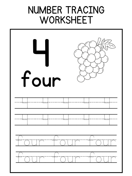 A number tracing worksheet featuring the number "4," the word "four," and a cluster of grapes illustration.