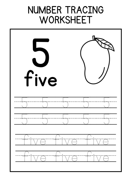 A number tracing worksheet featuring the number "5," the word "five," and a mango illustration for educational use.