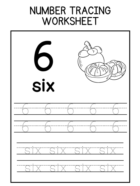 A number tracing worksheet featuring the number 6, word "six," and illustrations of fruits, designed for kids' learning activities.