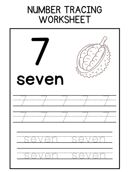 A number tracing worksheet featuring the number 7, the word "seven," and a durian illustration, designed for educational purposes.