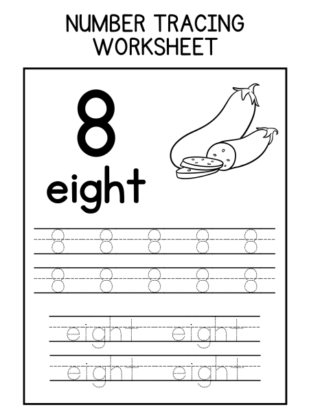 A number tracing worksheet for "8" features the numeral, word "eight," and illustrations of eggplants, with dotted tracing lines below.