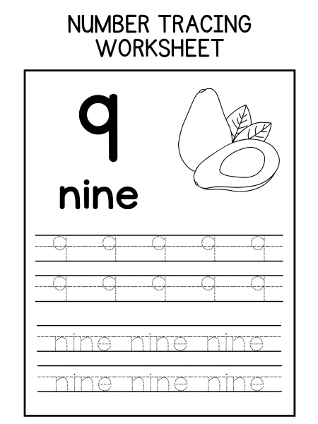 A number tracing worksheet featuring the number 9, the word "nine," and an avocado illustration, with dotted lines for tracing.