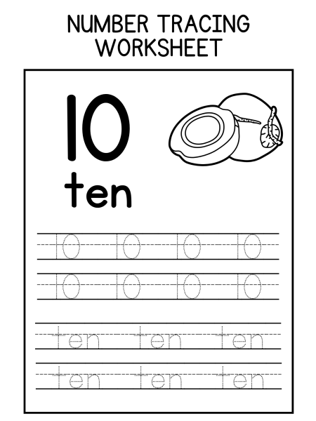 A black and white number tracing worksheet featuring the number "10," the word "ten," and space for tracing.