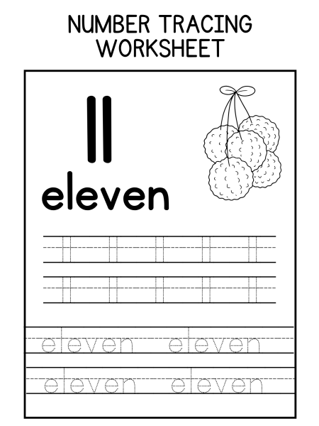 Black and white number tracing worksheets for "eleven," featuring traceable letters and two vertical lines above.