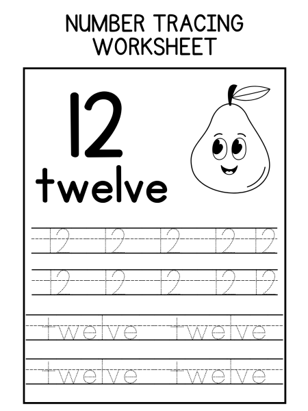 Black and white number tracing worksheets featuring the number 12, the word "twelve," and a cute pear illustration.