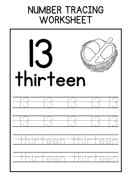A number tracing worksheet featuring "13" and "thirteen" with dotted lines for children to practice writing.