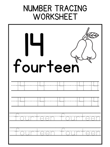 A number tracing worksheet featuring the number "14," the word "fourteen," and dotted lines for practicing handwriting.
