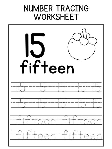A number tracing worksheet featuring the number 15, the word "fifteen," and illustrative dots for tracing practice.