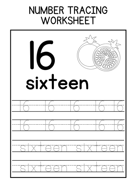 A number tracing worksheet featuring the number "16" and the word "sixteen," with dotted lines for tracing practice.