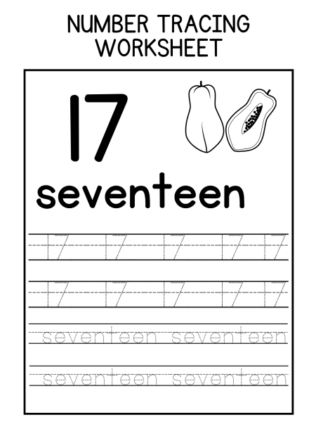 A number tracing worksheet featuring the number 17, the word "seventeen," and dotted lines for tracing practice.