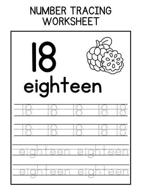 A number tracing worksheet for the number 18, featuring the word "eighteen" and guide lines for tracing. Includes berry illustration.