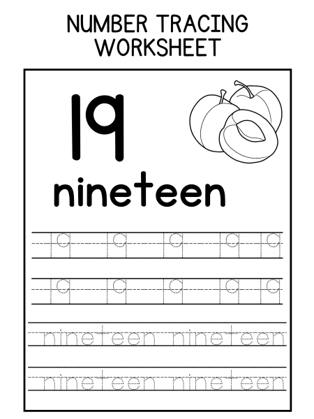A number tracing worksheet featuring the number 19, the word "nineteen," and dotted lines for tracing practice.