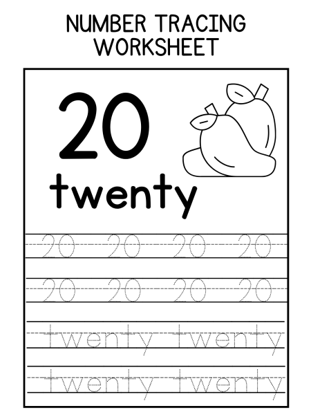 A number tracing worksheet featuring the number "20," the word "twenty," and dotted lines for practice, accompanied by a pear illustration.