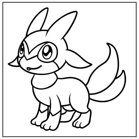 Line art illustration of a playful, cartoon-style character with large ears, expressive eyes, and a bushy tail, depicted in a seated position. The character has a friendly expression, making it suitable for Pokémon coloring pages and coloring activities.