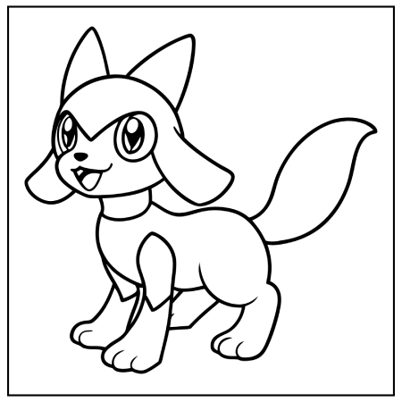 A playful cartoon character resembling a small, fox-like creature stands cheerfully with a smiling expression, large eyes, and a bushy tail. The illustration is outlined for Pokémon coloring pages and coloring.