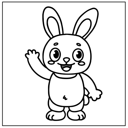 A cheerful cartoon bunny character with large ears and a friendly smile waves hello. The illustration is outlined for Pokémon coloring pages and coloring.