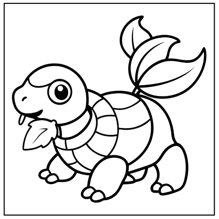 A cute, cartoon-style turtle with a leafy tail holding a leaf, designed for Pokémon coloring pages and coloring.