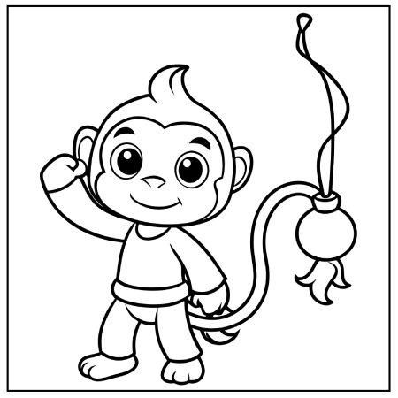 A cheerful cartoon monkey wearing a sweater, raising its hand with a playful expression, holding a hook-shaped toy with its tail. Ideal for Pokémon coloring pages.