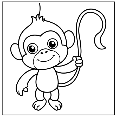 A cute cartoon monkey with big eyes and a smile, holding a curved stick, ready for coloring in a simple black and white outline. Great for Pokémon coloring pages.