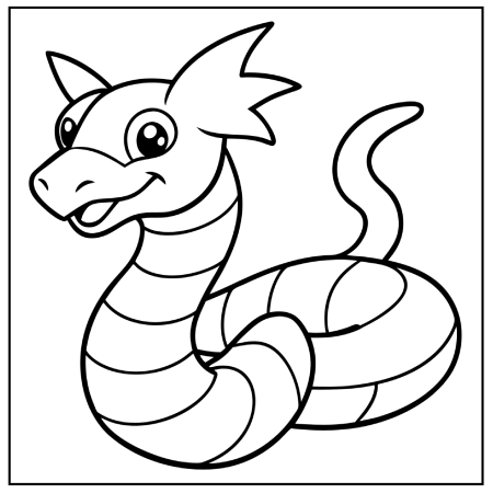 A friendly, cartoonish dragon with a smiling face, coiled body, and striped pattern, set in a simple outlined frame, perfect for Pokémon coloring pages.