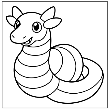 Cartoon-style drawing of a friendly, smiling dragon with a coiled body and big eyes, outlined for coloring, ideal for Pokémon coloring pages.