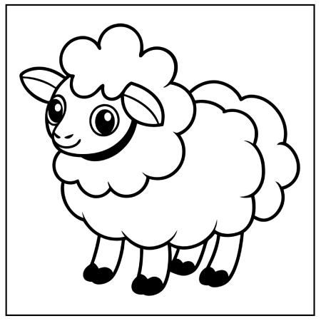 A cute cartoon sheep with a fluffy body and big eyes, smiling and standing on four legs, outlined for coloring, perfect for Pokémon coloring pages.