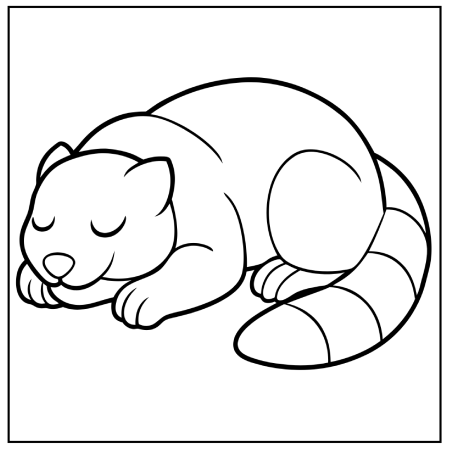 A cute, cartoon-style raccoon sleeping with its eyes closed and curled up, featuring a striped tail and soft, rounded body, ideal for Pokémon coloring pages.