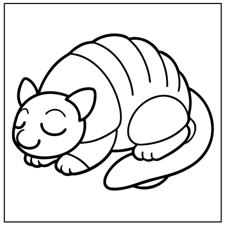 A cute, cartoon-style armadillo with a smiling face, curled up with eyes closed, on a blank background, awaiting coloring, perfect for Pokémon coloring pages.