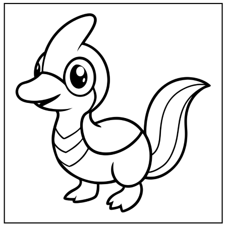 Line art of a cartoonish bird-like creature with large eyes and a tail, designed for coloring, perfect for Pokémon coloring pages.