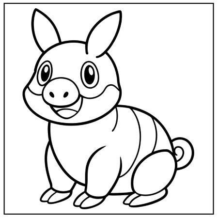 A cute, cartoon-style piglet with big eyes and a cheerful smile, depicted in a line drawing for coloring, ideal for Pokémon coloring pages.