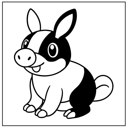 A cute cartoon-style animal with a pig-like snout and bunny ears, featuring a black and white color pattern. Pokémon coloring pages.
